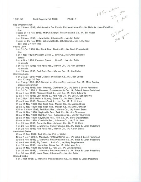 A list of bird sightings organized by species, December 11, 1998. The list includes sightings of Loons, Grebes, Herons, Geese, and Ducks. The list also contains the number of birds seen, date of sighting, location, and observer of each species. This item was used as supporting documentation for the Iowa Ornithologists' Union Quarterly field report of fall 1998.