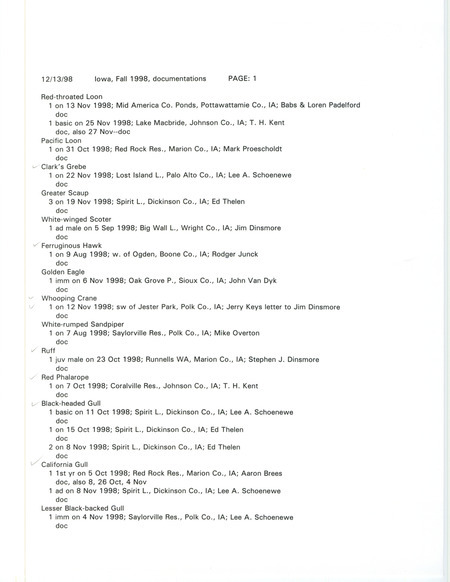 A list of documented bird sightings organized by species, December 13, 1998. The list also contains the number of birds seen, date of sighting, location, and observer of each species. This item was used as supporting documentation for the Iowa Ornithologists' Union Quarterly field report of fall 1998.