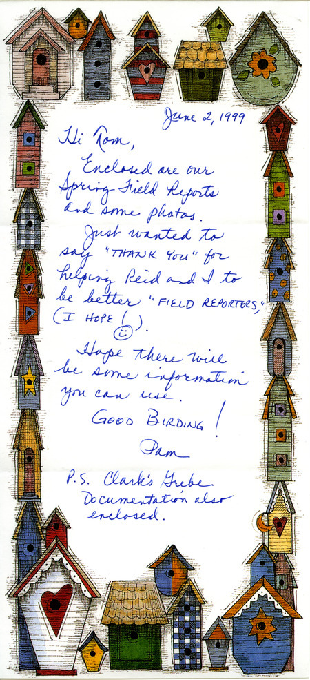 An annotated list of birds sighted by Pam and Reid Allen and others. This item was used as supporting documentation for the Iowa Ornithologists' Union Quarterly field report of spring 1999.