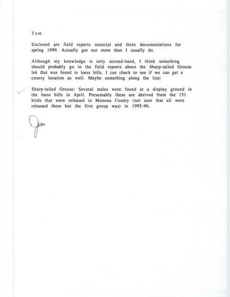 An annotated list of birds sighted by Jim Dinsmore. This item was used as supporting documentation for the Iowa Ornithologists' Union Quarterly field report of spring 1999.