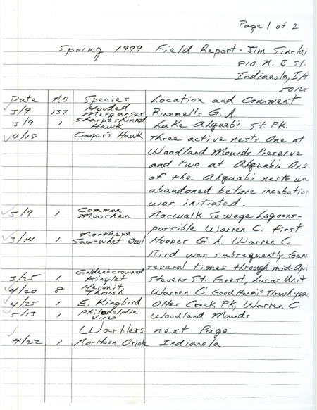 An annotated list of birds sighted by Jim Sinclair. This item was used as supporting documentation for the Iowa Ornithologists' Union Quarterly field report of spring 1999.