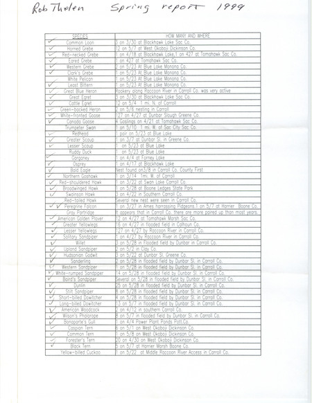 An annotated list of birds sighted by Rob Thelen. This item was used as supporting documentation for the Iowa Ornithologists' Union Quarterly field report of spring 1999.
