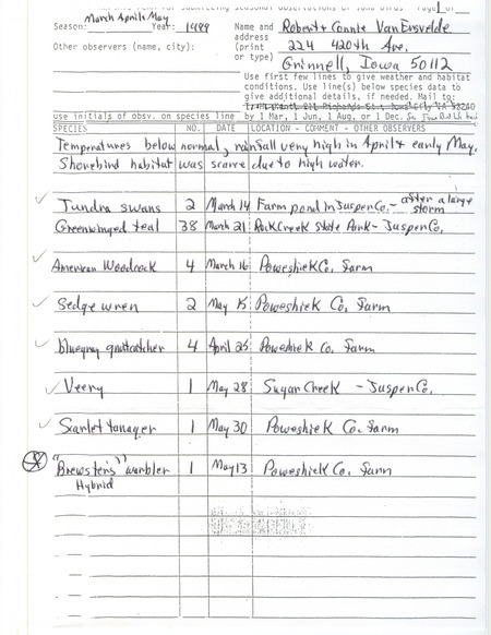 An annotated list of birds sighted by Robert and Connie VanErsvelde. This item was used as supporting documentation for the Iowa Ornithologists' Union Quarterly field report of spring 1999.