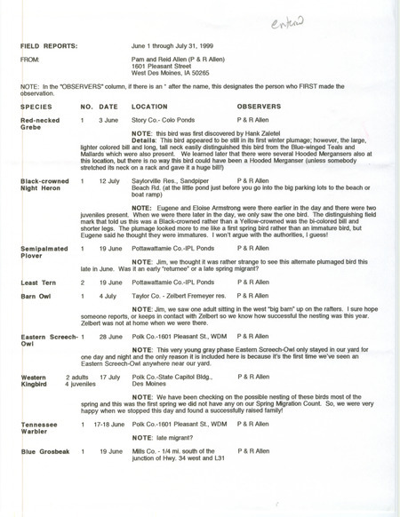 An annotated list of birds sighted by Pam and Reid Allen. This item was used as supporting documentation for the Iowa Ornithologists' Union Quarterly field report of summer 1999.