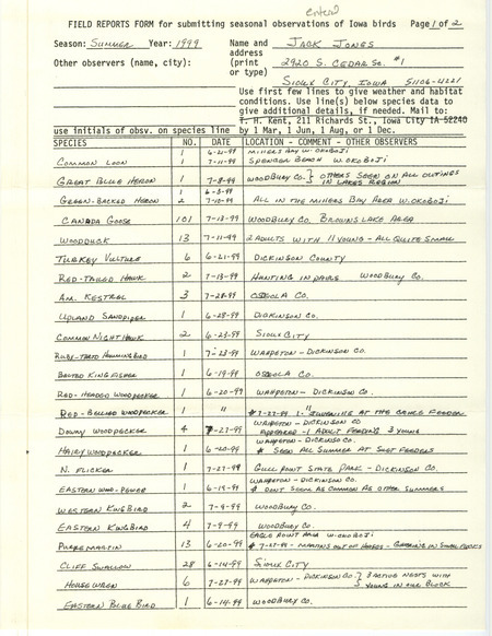 An annotated list of birds sighted by Jack Jones. This item was used as supporting documentation for the Iowa Ornithologists' Union Quarterly field report of summer 1999.
