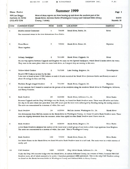 An annotated list of birds sighted by Diane Porter dated August 4, 1999. This item was used as supporting documentation for the Iowa Ornithologists' Union Quarterly field report of summer 1999.