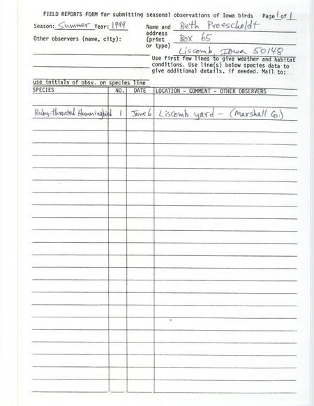 An annotated list of birds sighted by Beth Proescholdt. This item was used as supporting documentation for the Iowa Ornithologists' Union Quarterly field report of summer 1999.