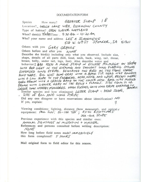 Documentation dated July 31, 1999 for the sighting of a Greater Scaup at Welch Lake by Lee Schoenewe. This item was used as supporting documentation for the Iowa Ornithologists' Union Quarterly field report of summer 1999.