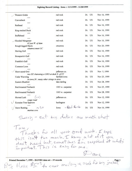 An annotated list of birds sighted by Dave Killman dated December 7, 1999. This item was used as supporting documentation for the Iowa Ornithologists' Union Quarterly field report of fall 1999.