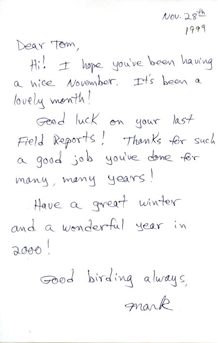 An annotated list of birds sighted by Mark Proescholdt and others. This item was used as supporting documentation for the Iowa Ornithologists' Union Quarterly field report of fall 1999.