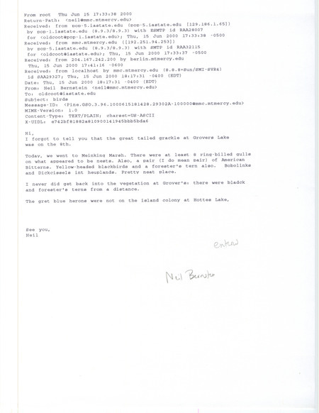 Email from Neil Bernstein to James J. Dinsmore regarding summer bird sightings, June 15, 2000. This item was used as supporting documentation for the Iowa Ornithologists' Union Quarterly field report of summer 2000.