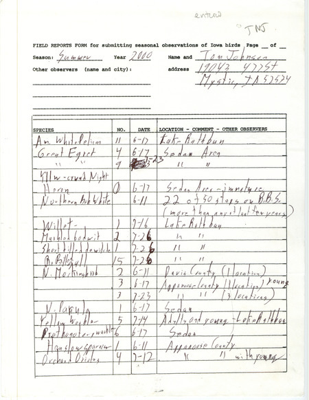 Summer report of birds and locations contributed by Thomas N. Johnson. This item was used as supporting documentation for the Iowa Ornithologists' Union Quarterly field report of summer 2000.