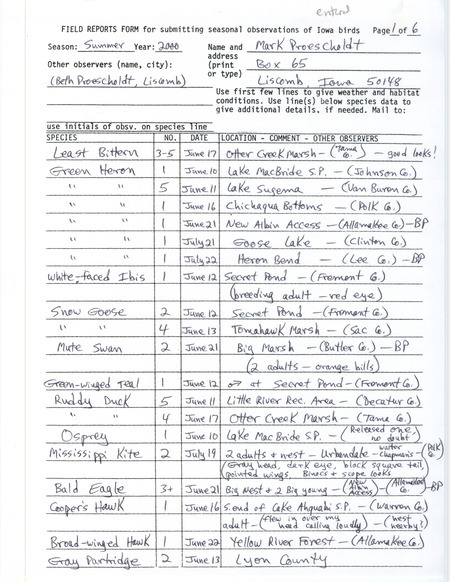 Summer report of birds and locations contributed by Mark Proescholdt. This item was used as supporting documentation for the Iowa Ornithologists' Union Quarterly field report of summer 2000.