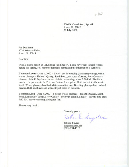 Letter from John E. Snyder to James J. Dinsmore regarding Common Loon sightings, July 30, 2000. This item was used as supporting documentation for the Iowa Ornithologists' Union Quarterly field report of summer 2000.