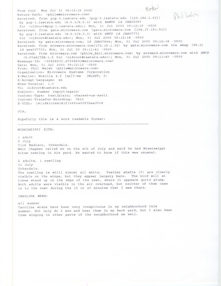 Email from Philip J. Walsh to James J. Dinsmore regarding summer bird sightings, July 31, 2000. This item was used as supporting documentation for the Iowa Ornithologists' Union Quarterly field report of summer 2000.