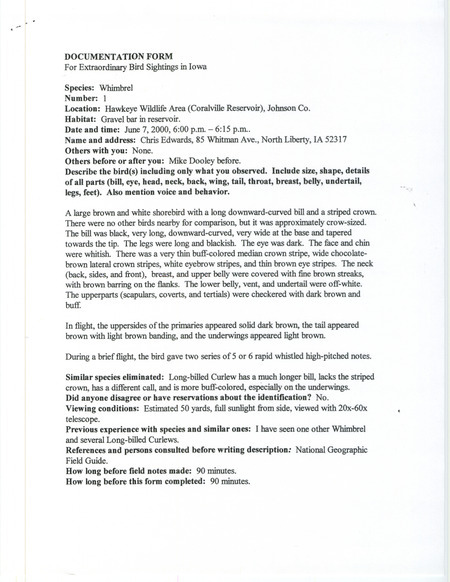 Documentation of a Whimbrel sighting contributed by Chris Edwards, June 7, 2000. This item was used as supporting documentation for the Iowa Ornithologists' Union Quarterly field report of summer 2000.
