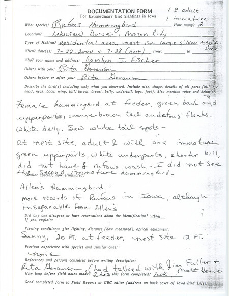Documentation of a Rufous Hummingbird sighting in Mason City contributed by Carolyn J. Fischer, June 22 and June 28, 2000. This item was used as supporting documentation for the Iowa Ornithologists' Union Quarterly field report of summer 2000.