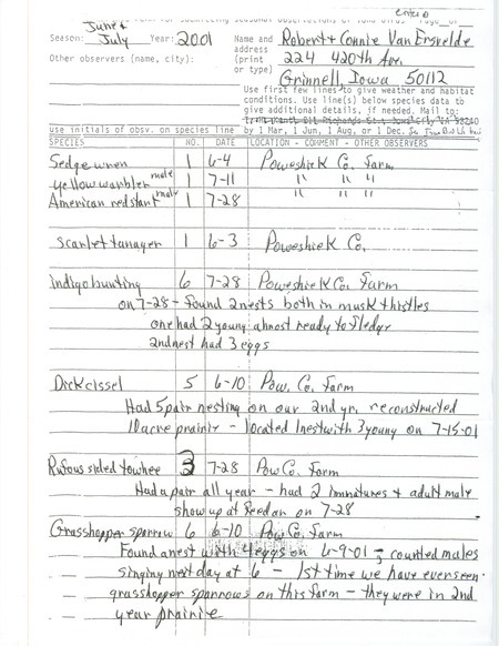 List of birds and locations contributed by Robert Van Ersvelde and Connie Van Ersvelde. This item was used as supporting documentation for the Iowa Ornithologists' Union Quarterly field report of summer 2001.