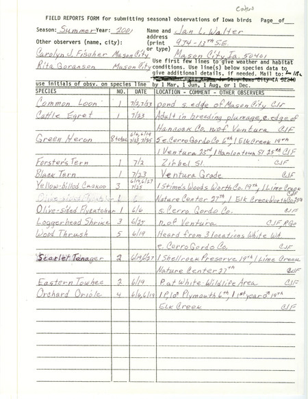 List of birds and locations contributed by Jan L. Walter with observers Carolyn J. Fischer and Rita Goranson. This item was used as supporting documentation for the Iowa Ornithologists' Union Quarterly field report of summer 2001.