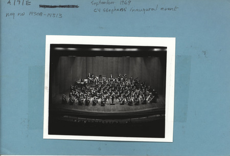 Photograph of the New York Philharmonic performing during the International Orchestra Festival at C.Y. Stephens Auditorium.