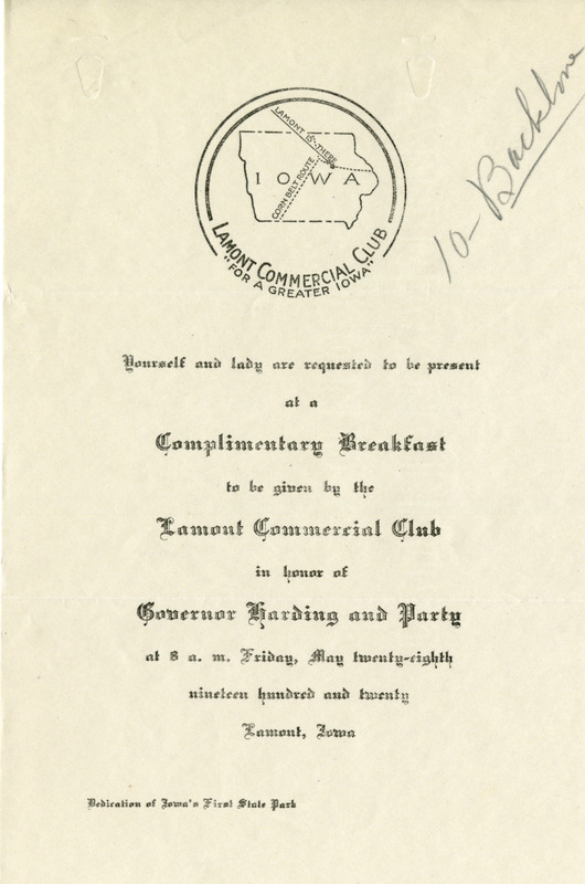 A Lamont Commercial Club Breakfast Invitation in honor of Governor Harding and Party and the dedication of the first state park.