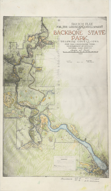 Hand colored print of the landscape plan for Backbone State Park, located in Delaware County, Iowa.