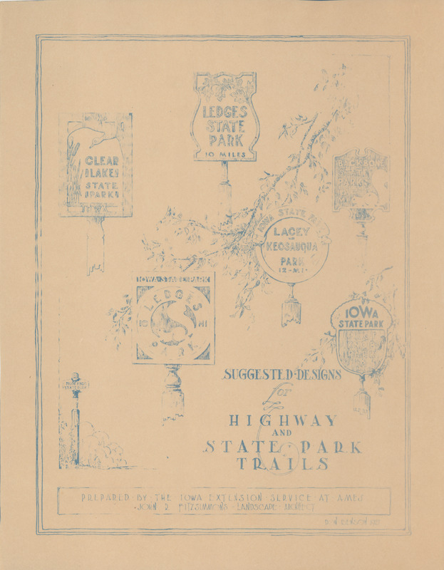 A diazotype print showing suggested designs for highway and state park trail signage.