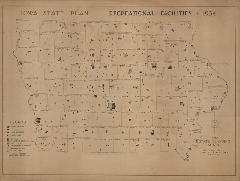 A map of Iowa showing recreational facilities found within the state.