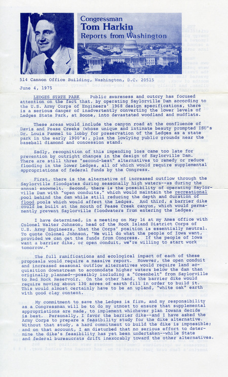 Newsletter from Tom Harkin's congressional office responding to the efforts to protect parts of Ledges State Parks from flooding from the construction of the Saylorville Dam.