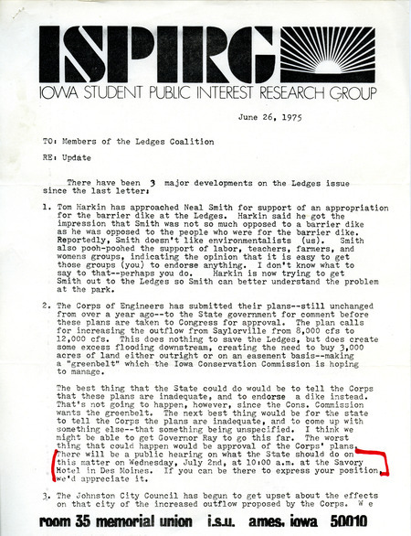 A letter to members of the Ledges Coalition from the Iowa Student Public Interest Research Group regarding major developments in the save the ledges project.