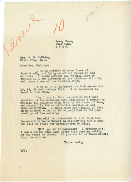 A letter from Louis Hermann Pammel to Mrs. C.H. McNider highlighting the work of women during the dedication of the Backbone State Park.