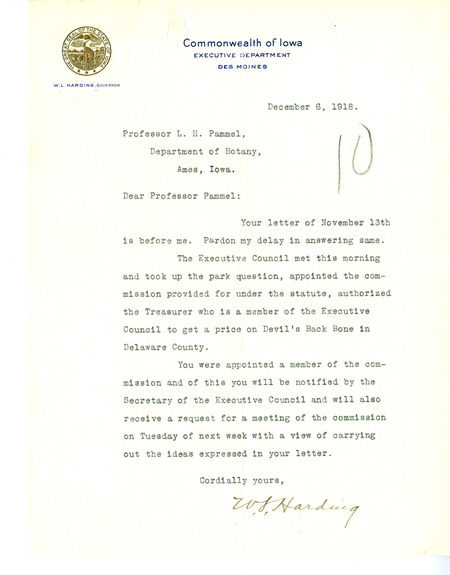 A letter from W.L. Harding to Professor Pammel regarding the appointment of Pammel to the of Commission of Conservation of Iowa.