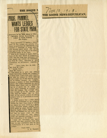 Newspaper clipping from The Boone-News-Republican entitled," Professor Pammel Wants Ledges for State Park."
