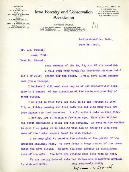 Letter from MacDonald to Pammel describing the proposed National Mississippi Valley Park and other future state parks in Iowa.