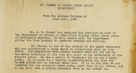 Typed copy of an article published in the Allison Tribune on June 12, 1929, announcing his resignation, future plans, and giving a brief overview of his life and career.