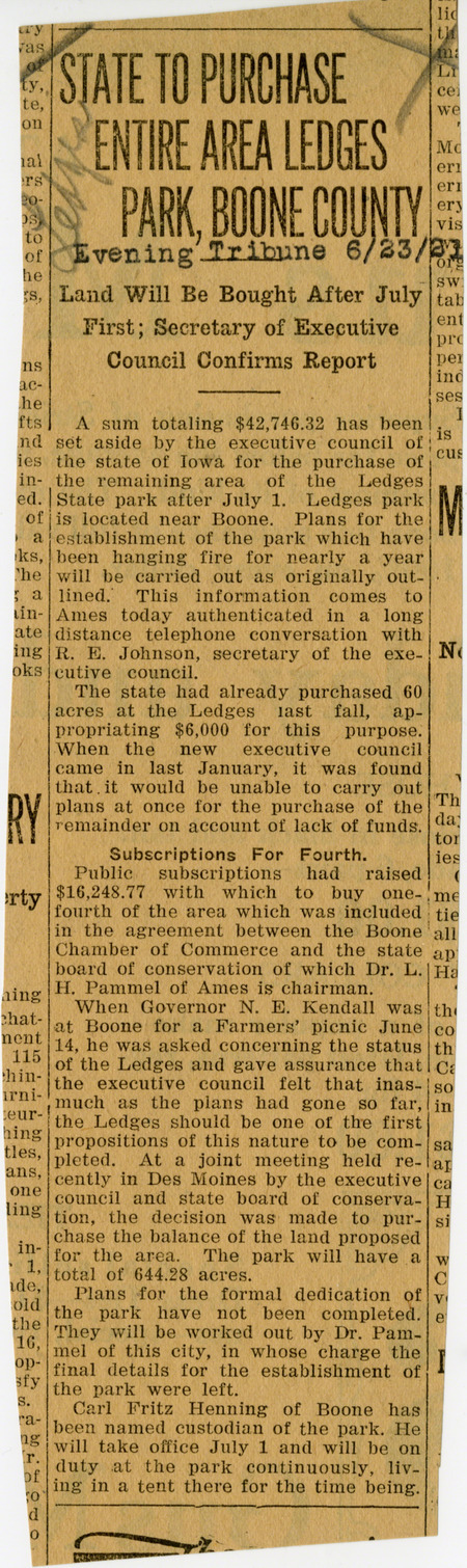 Newspaper clipping from the Evening Tribune entitled, "State to Purchase Entire Area Ledges Park, Boone County."
