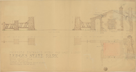 Diazotype drawing with hand coloring showing the proposed entrance Piers and gate lodge for Ledges State Park, located in Boone County, Iowa.