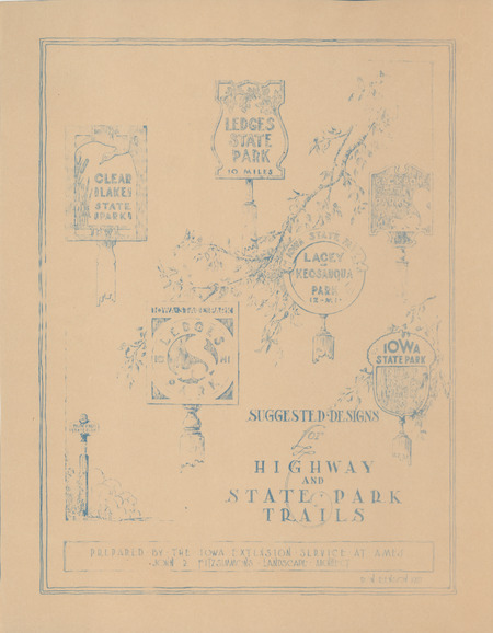 A diazotype print showing suggested designs for highway and state park trail signage.