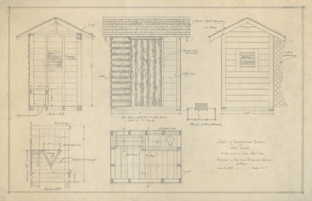A line drawing of the construction details for small toilets to be used in Iowa State parks.