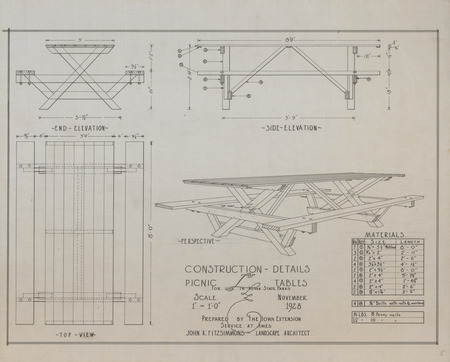 A drawing depicting the construction details for picnic tables to be used in Iowa state parks.