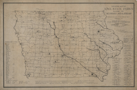 A map showing the locations of the Iowa State Parks including meandered and streams.