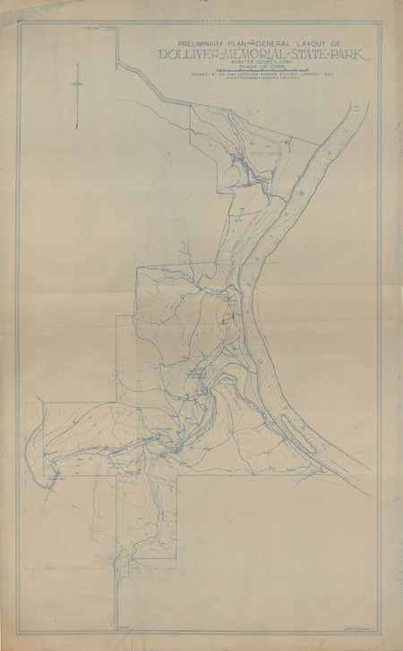 A blue line print map showing the preliminary plan for the general layout of Dolliver Memorial State Park.