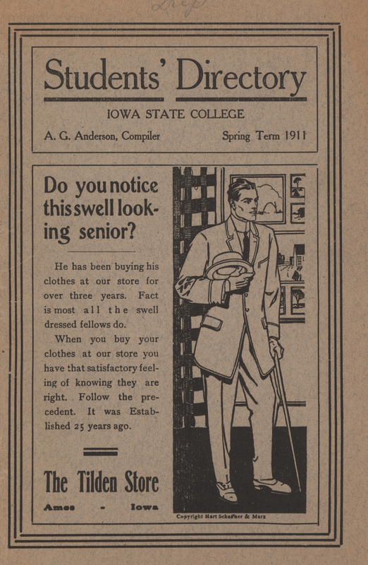 This directory from Iowa State College for the spring 1911 term contains lists of students, faculty, university offices and clubs, and religious services. Advertisements for community businesses appear throughout the directory along with a map of the campus and surrounding community.