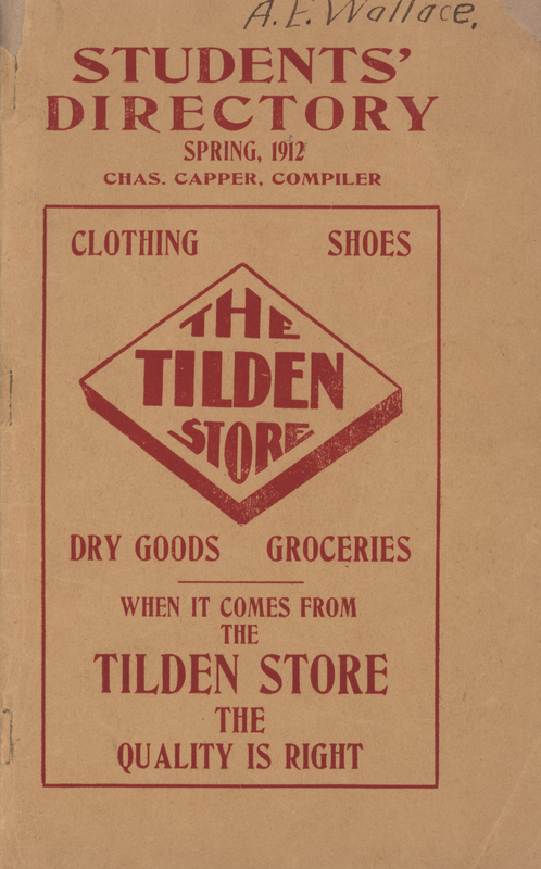 This directory from Iowa State College for the spring 1912 semester contains lists of students, faculty, university offices and clubs, and religious services. Advertisements for community businesses appear throughout the directory along with an academic calendar, athletics information, and general college history and information.