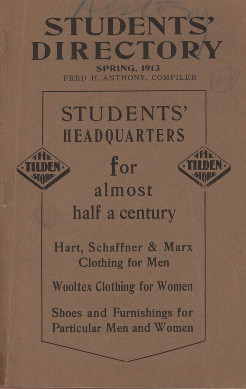 This directory from Iowa State College for the spring 1913 semester contains lists of students, faculty, university offices and clubs, and religious services. Advertisements for community businesses appear throughout the directory along with an academic calendar, map of the campus and local community, athletics information, and general college history and information.