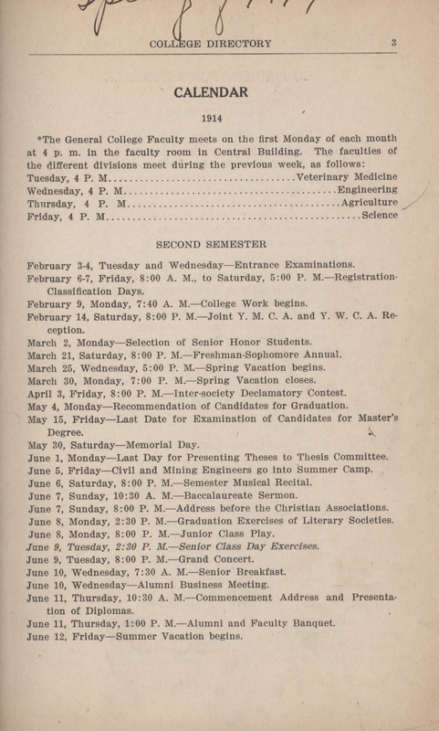 This directory from Iowa State College for the spring 1914 semester contains lists of students, faculty, university offices and clubs, and religious services. Advertisements for community businesses appear throughout the directory along with an academic calendar, athletics information, and general college history and information.