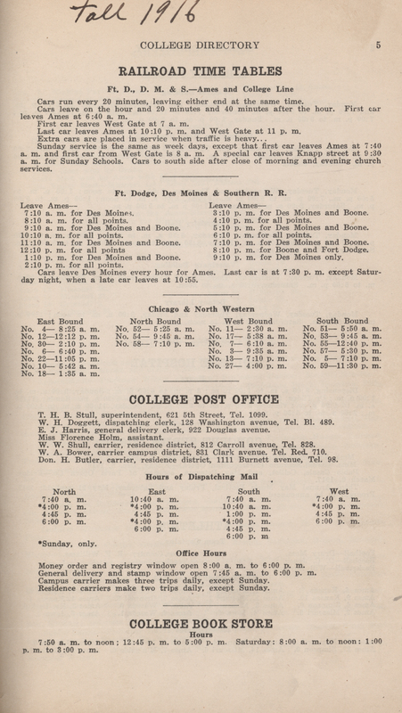 This directory from Iowa State College contains lists of students and faculty for the fall 1916 semester. It also includes railroad time tables, scores and schedules for athletic teams, and the operating hours of various buildings. It also has a map of campus and the surrounding community. The first and last pages of this directory are missing.