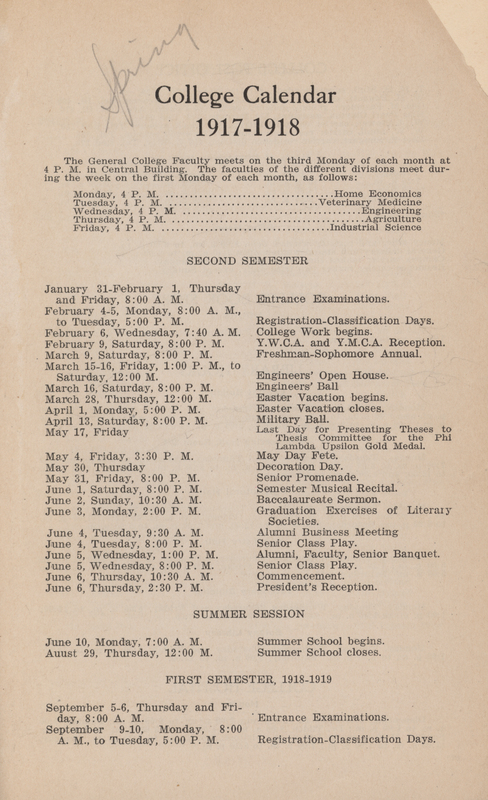 This directory for the spring 1918 semester at Iowa State College contains lists of faculty and students. It also includes an academic calendar, list of clubs, and operating hours of buildings.