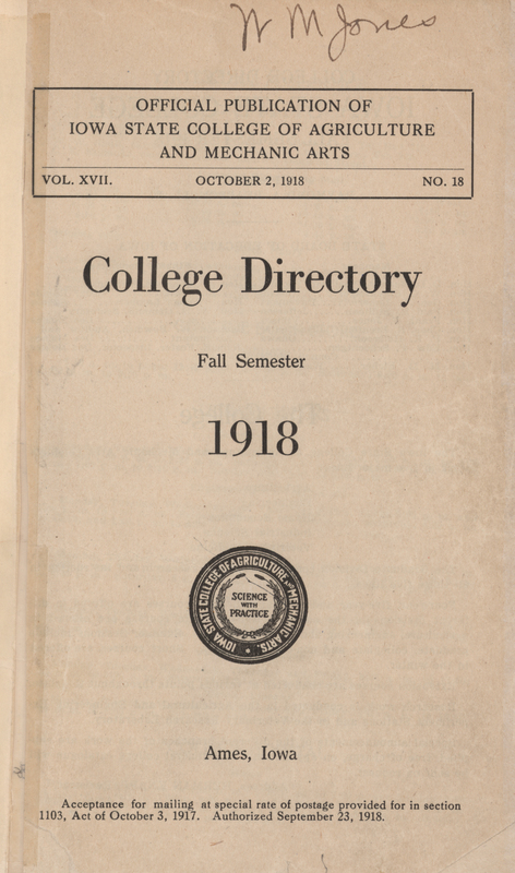 This directory lists faculty and students for the fall 1918 semester at Iowa State College. It also includes operating hours for campus buildings and a list of clubs.