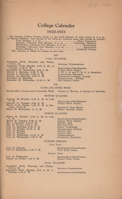 This directory lists students and faculty at Iowa State College in fall 1920 quarter. It also includes a list of clubs, schedule of the academic year, and building operating hours.